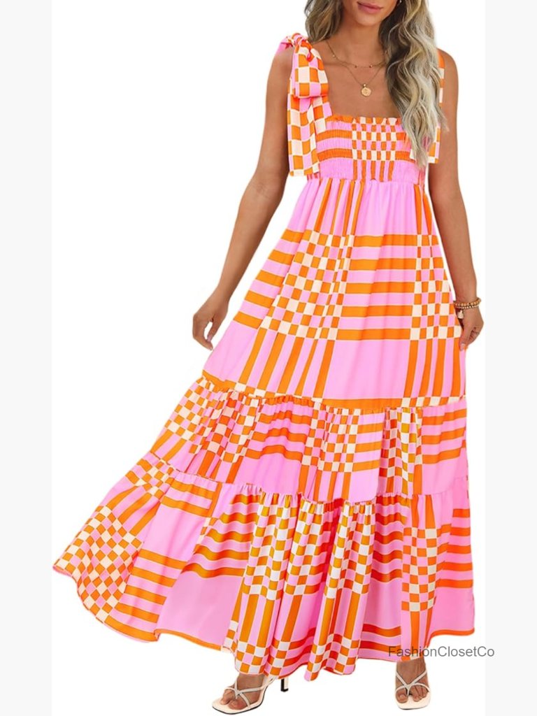Boho Maxi Dress With Adjustable Spaghetti Straps, Square Neck, A-Line, Pockets
